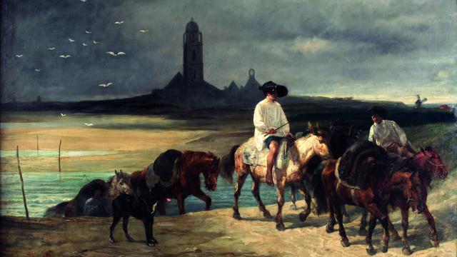 • John Lewis Brown (Bordeaux, 1829 – Paris, 1890), Le passage du gué de Bourg de Batz (inv. 974.8.1), 1860, huile sur toile, 97 cm x 130,4 cm