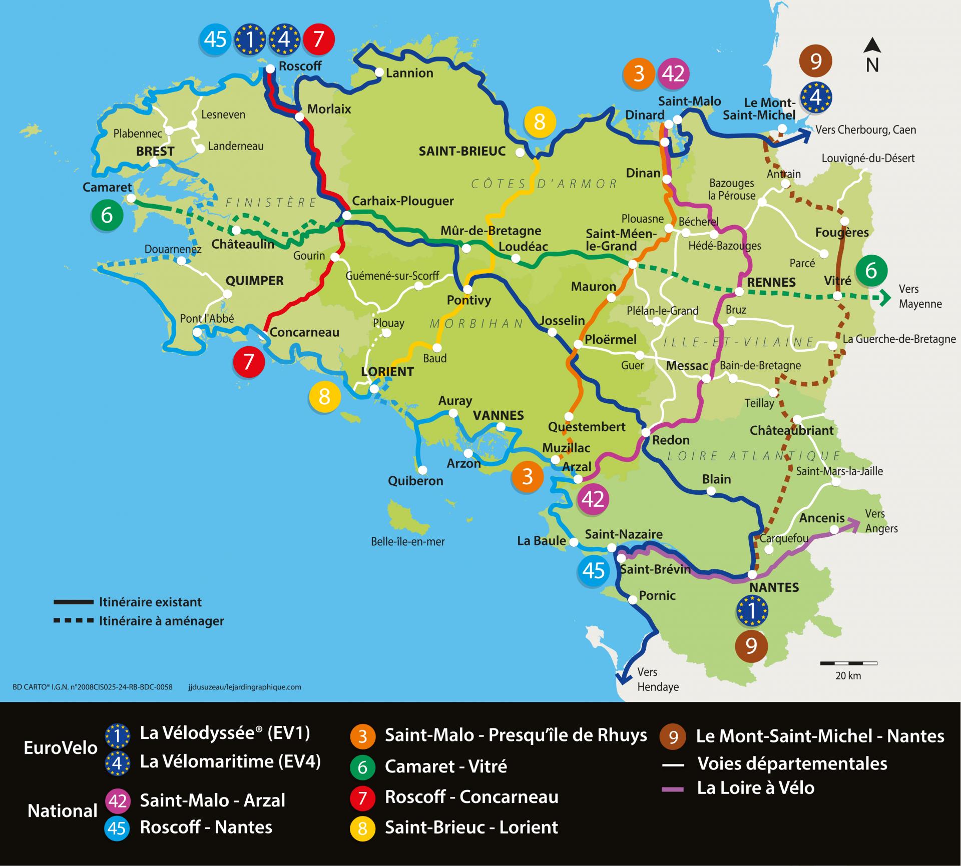 Carte des Véloroutes et voies vertes de Bretagne - 2022