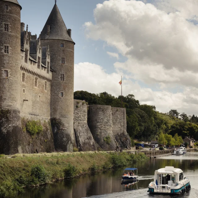 Josselin - Château de Josselin et bateaux sur la rivière de l'Oust
