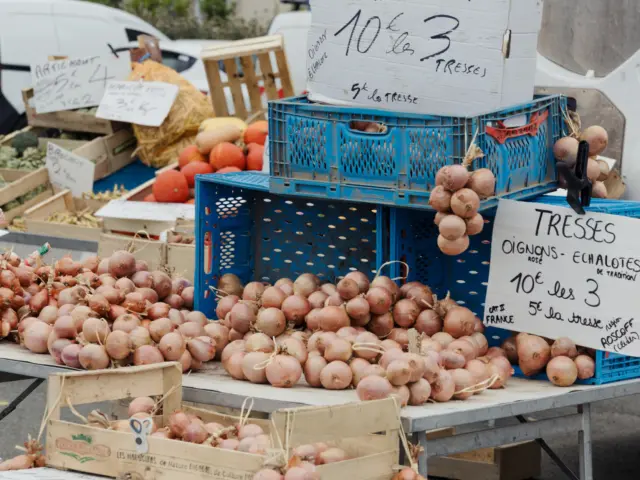 Roscoff - Tresses d'oignons de Roscoff sur le marché